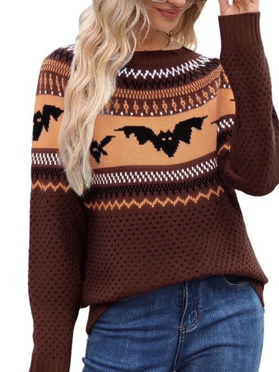 Sweaters - Brown Halloween Fair Isle Bat-Print Crewneck Sweater
